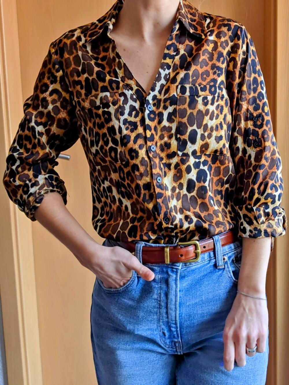 Express The Portofino Shirt Slim Fit Button Down Long Sleeve Top Cheetah Size XS - Picture 10 of 16